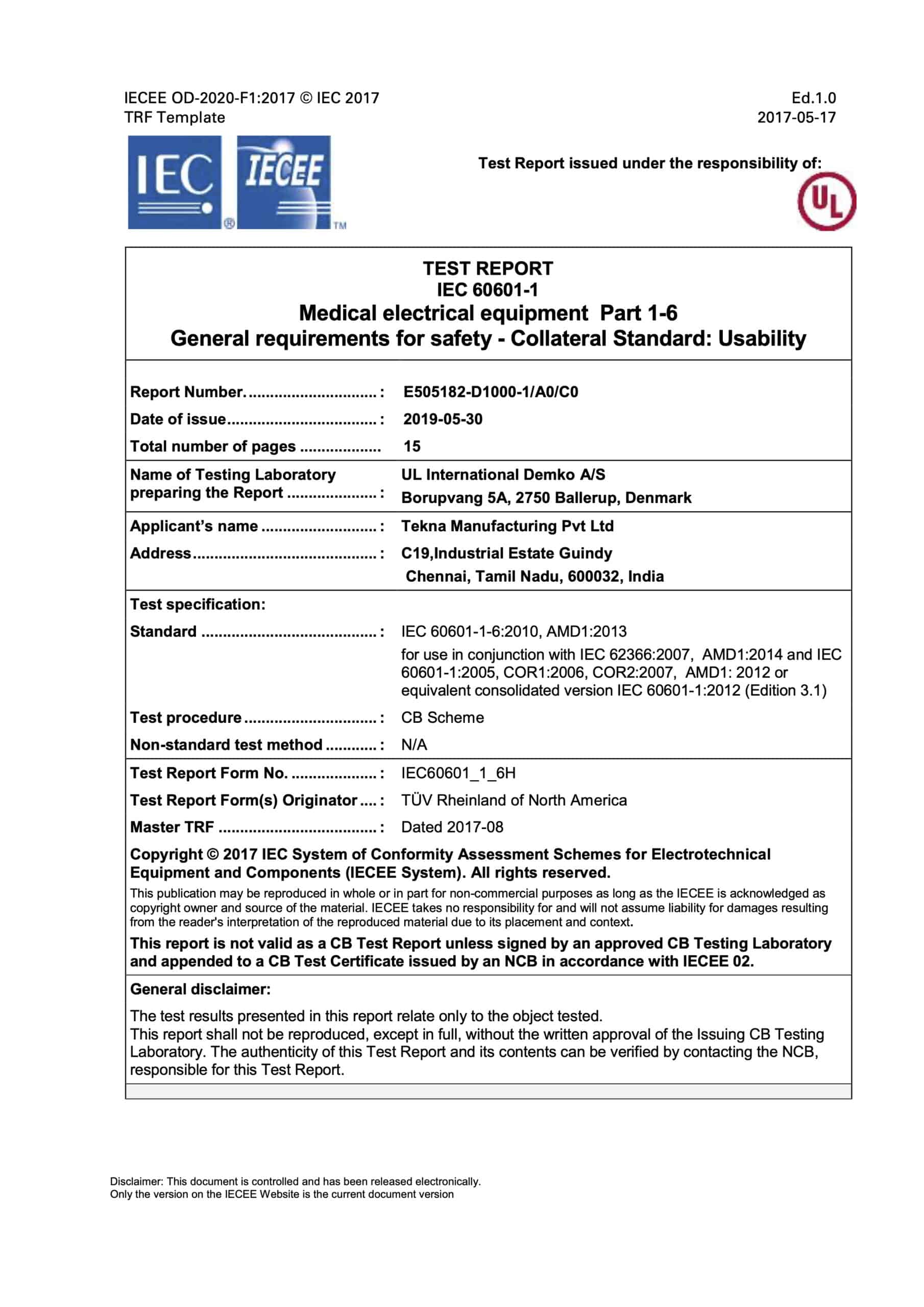 ஹைபர்பரிக் சேம்பர் IEC 60601_1_6_ பயன்பாட்டு அறிக்கை
