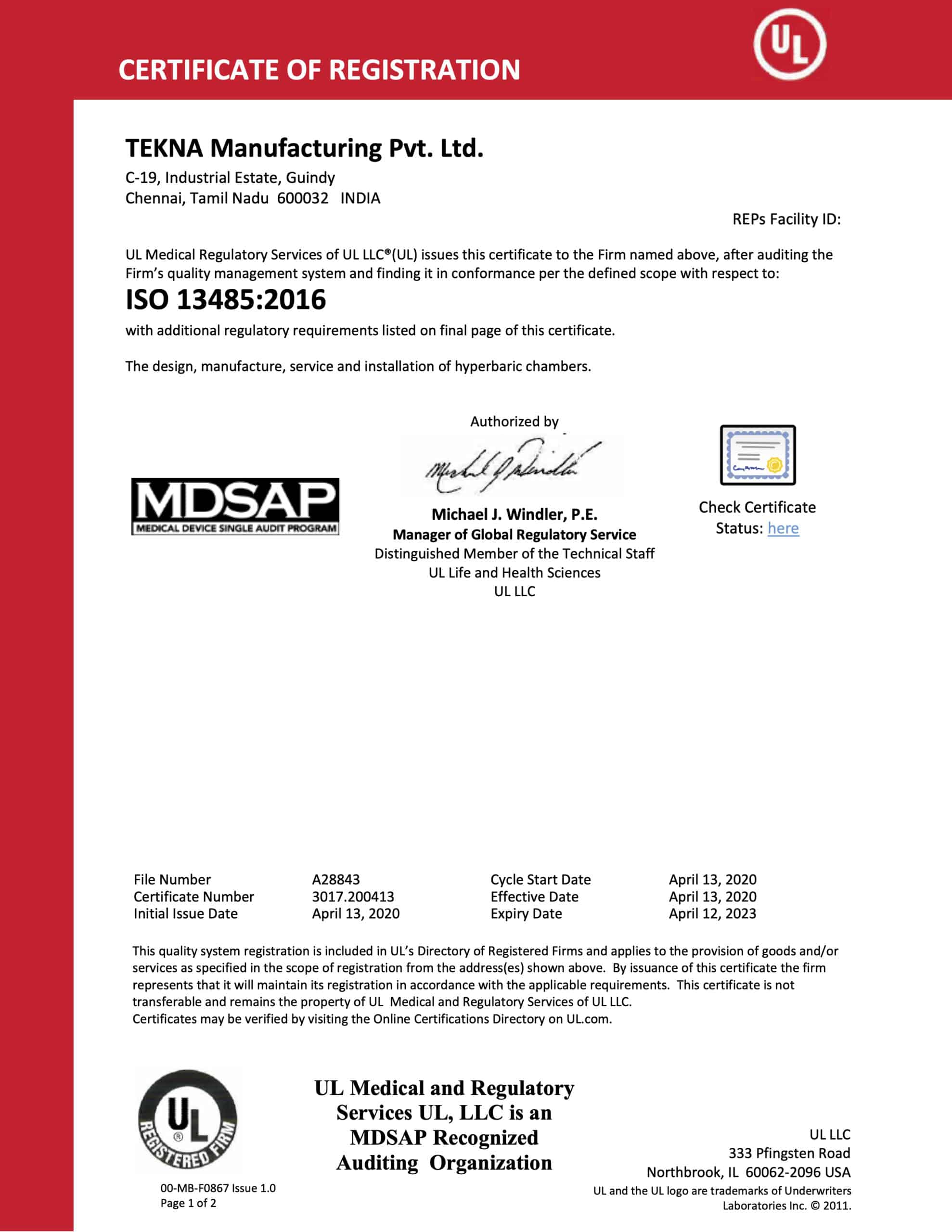 Teastas MDSAP ISO 13485 2016