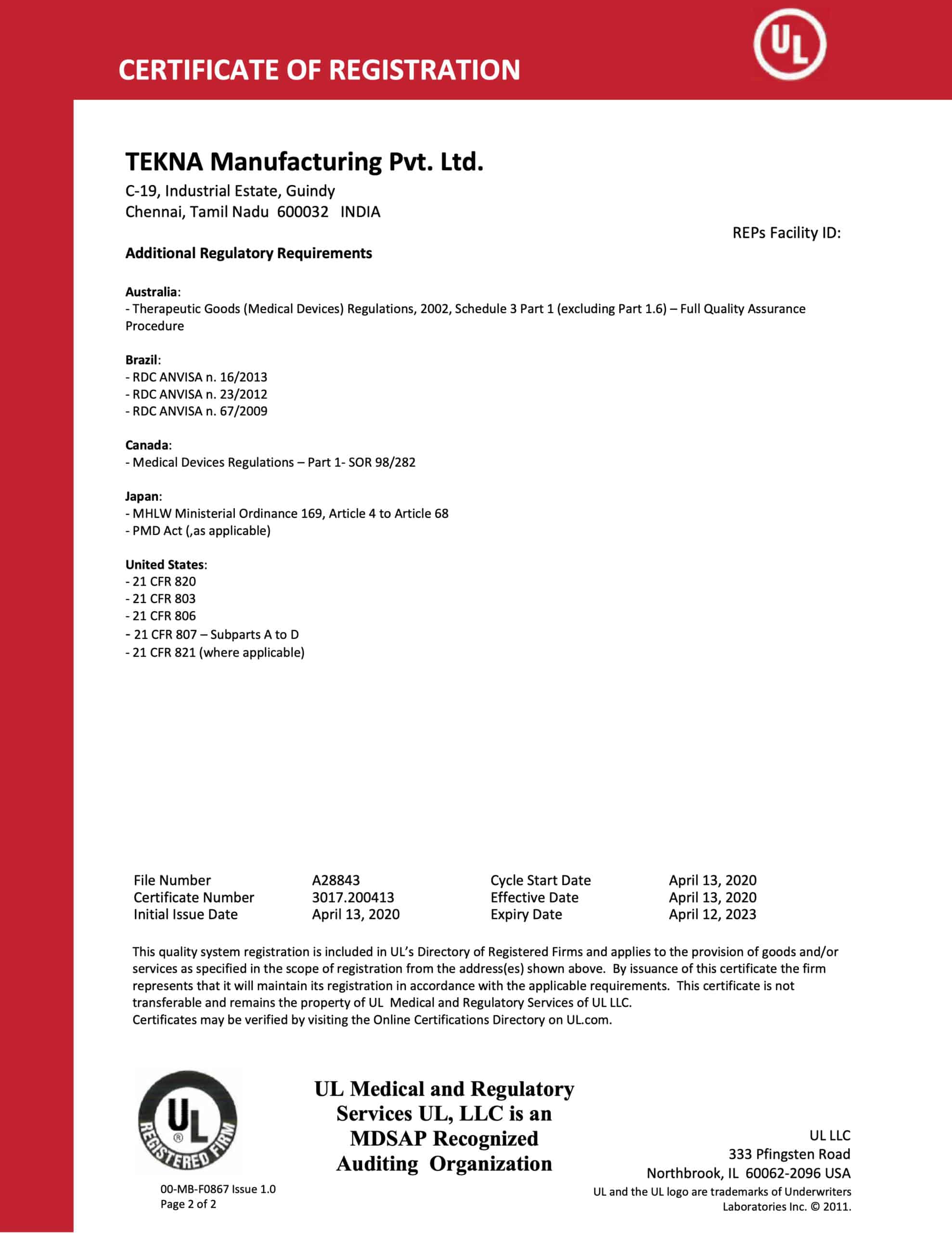 ISO 13485 2016 MDSAP Certificate